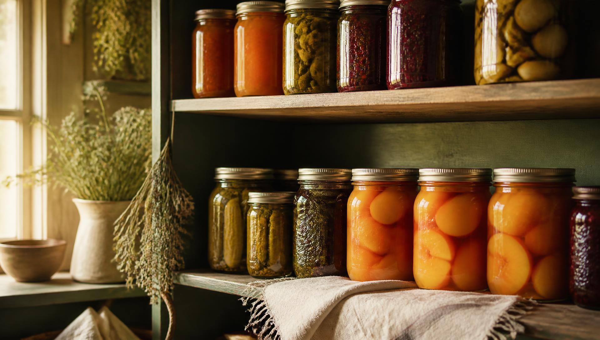 Jars of home-canned peaches, pickles and jam on a rustic pantry shelf in warm afternoon light